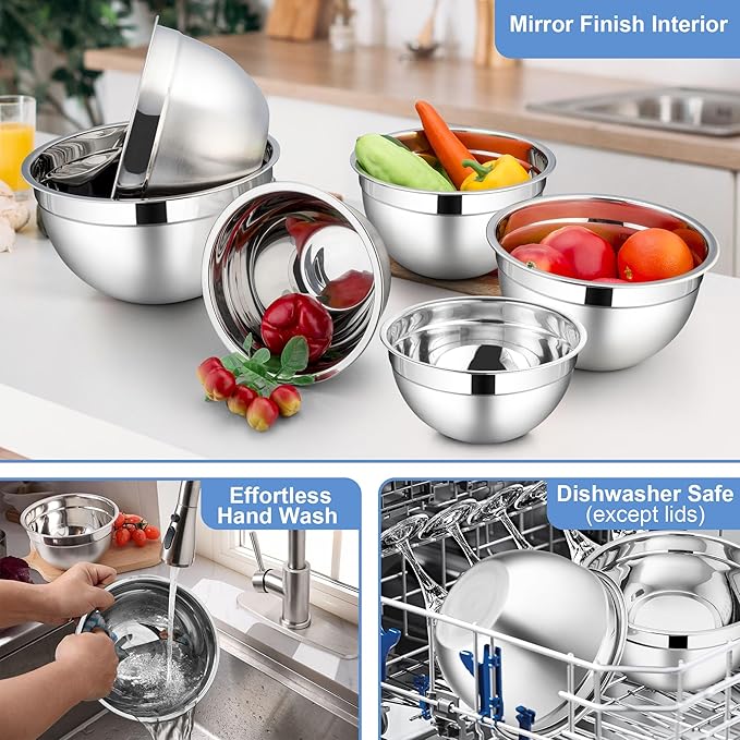 LIANYU Stainless Steel Mixing Bowls Sets of 6, Large 7, 3.5, 2.5, 2, 1.5, 1QT Size with Transparent Airtight Lids, Metal Nesting Serving Bowl Sets for Home Kitchen, Dishwasher & Freezer Safe, Black