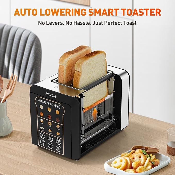 Secura 2 Slice Automatic Toaster Touch Screen Smart Toaster with Digital Timer 6 Bread Type & 6 Browning Levels, Reheat, Deforst, +10s Extended Customizable Memory Settings Great for Home, RV, Office