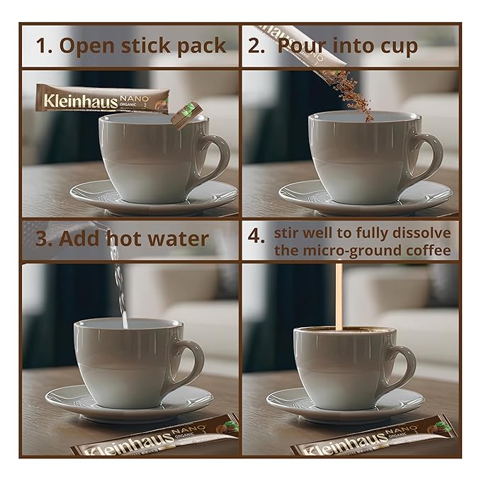 Kleinhaus Organic Medium Roast Nano Single-Serve Instant Coffee + Microground | 100% Colombian Arabica Coffee | Freeze dried | Fresh Brewed Taste | 24 Packets