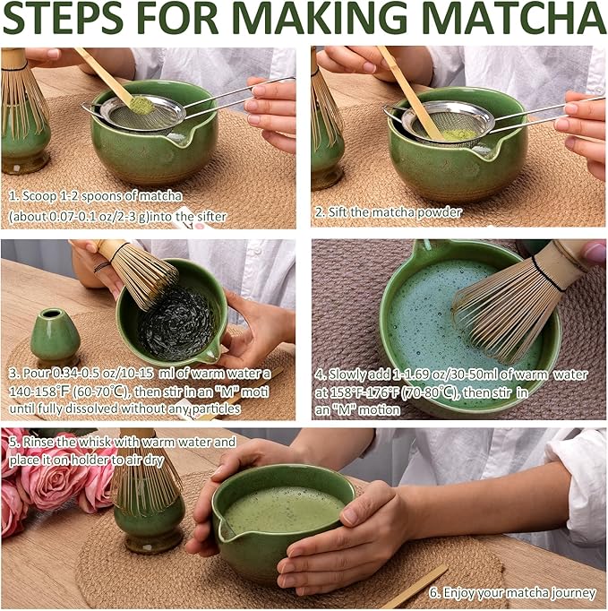 Joyscale Matcha Whisk Set, Matcha Set Whisk And Bowl, 8 Pcs Matcha Kit Set(Ancient Kiln Design), 14 OZ, Japanese Matcha Tea Set, Matcha Making Kit Gifts for Tea Lovers(Green)