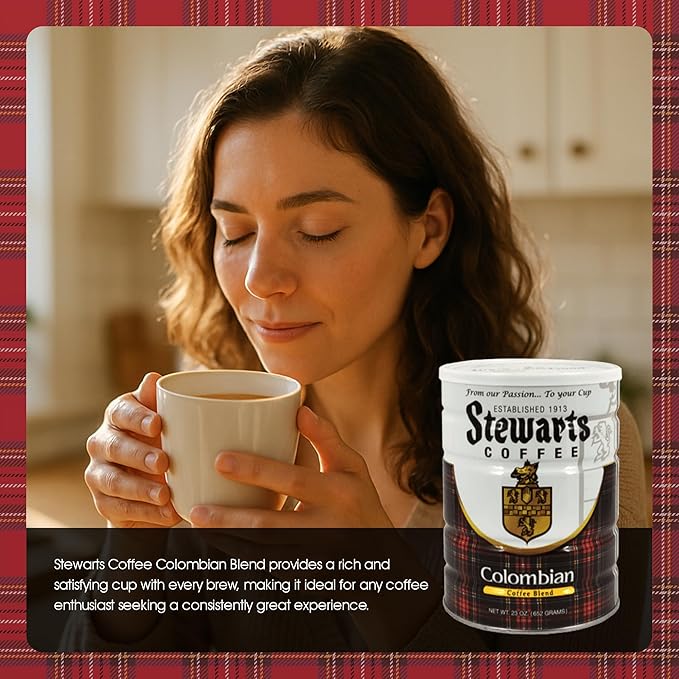 Stewarts Colombian Light Medium Roast Ground Coffee Blend - Mild, Bright, Tasty Flavored Gourmet Coffee Grounds - Great for Hot, Cold Brew, Morning Breakfast, Cafe & More (23oz, Pack of 6 Cans)