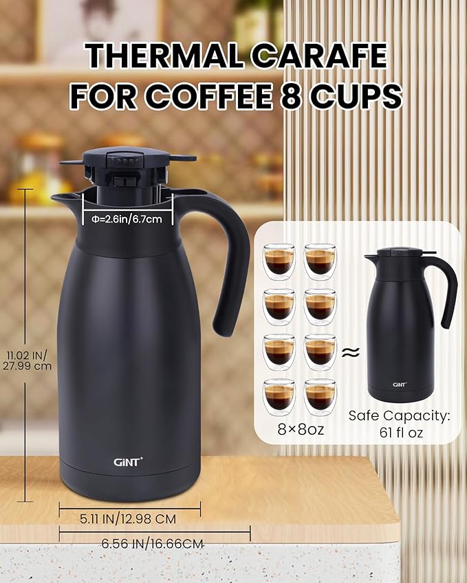 GiNT 1.9L / 64Oz Thermal Coffee Carafe, Insulated Stainless Steel Coffee Carafes for Keeping Hot/Double Walled Vacuum Thermal Carafe (Black)