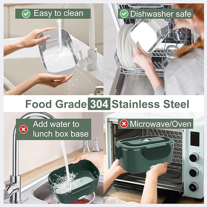 Electric Heated Lunch Boxes Adults: 80W Electric Lunch Box Food Heated 12/24/110V 1.5L Heatable Lunch Box for Car/Truck/Office Leak-Proof Stainless Steel Container,Fork & Spoon,Bag (Dark Green)