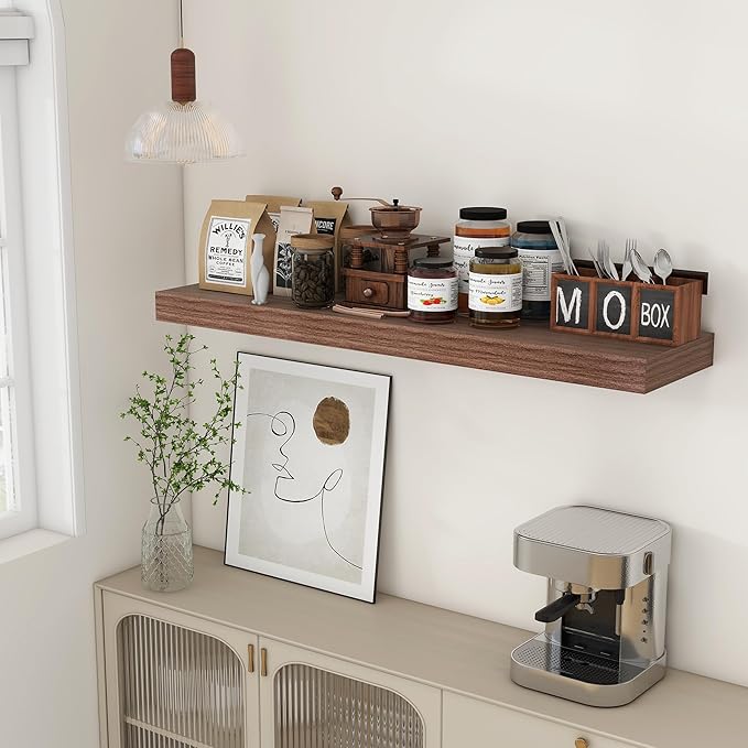 48 Inch Walnut Floating Shelf | 12 Inch Deep Floating Shelves Set of 1 | 48" D x 12" D Rustic Wood Shelves for Wall | Deep Walnut Shelves for Living Room Bathroom Laundry Room Kitchen