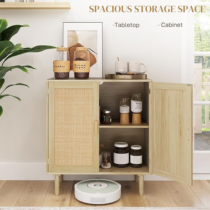 HOMCOM Sideboard Buffet Cabinet, 32" Boho Buffet Table, Rattan Coffee Bar Cabinet with 2 Doors and Shelves for Kitchen, Living Room, Entryway, Natural