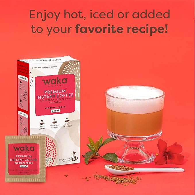 Waka Premium Decaf Instant Coffee Sachets — 100% Arabica Freeze Dried Beans — For Hot or Iced Coffee (8 Count, Decaf Medium Roast)