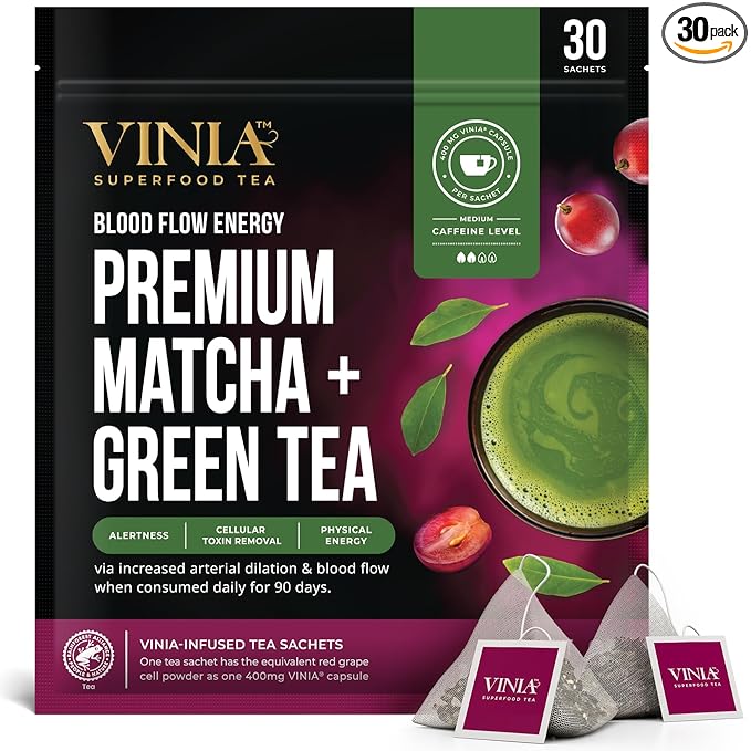 VINIA Premium Matcha + Green Tea Bags, Made with Organic Tea, Infused with Piceid Resveratrol for Heart Health, Nitric Oxide, Physical Energy, Alertness, Blood Flow, Keto, Kosher, NON-GMO. 30 Ct