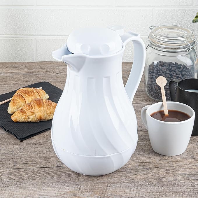 Restaurantware-Restpresso 42 Ounce Coffee Carafe, 1 Insulated Coffee Server - Push-Button Top, Swirl Design, White Plastic Pitcher, Built-In Handle, With Identification Tags
