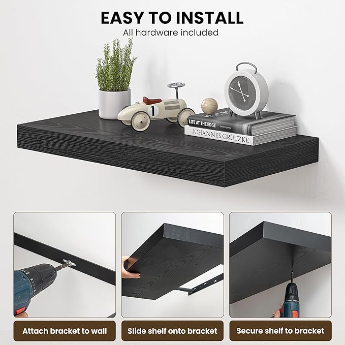 Dreamland 55" Floating Shelves for Wall, 12" Deep Thicker Black Floating Shelves, Wall-Mounted Shelves for Bedroom, Living Room, Kitchen, Bathroom - Set of 1