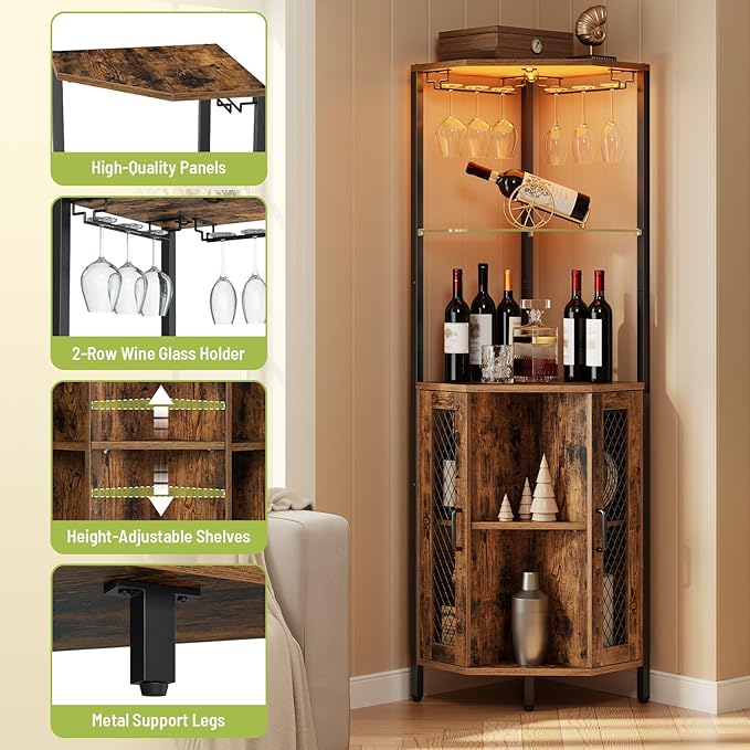 Corner Bar Cabinet with LED Lights, Tall Wine Cabinet with Storage, 5-Tier Industrial Corner Liquor Cabinet with Glass Holders, Adjustable Shelves, for Kitchen, Home, Rustic Brown and Black