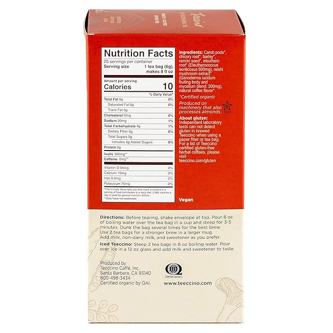 Teeccino Reishi Eleuthero Tea - French Roast - Organic Mushroom Adaptogenic Herbal Tea, 3x More Herbs than Regular Tea Bags, Caffeine Free, Chicory Prebiotic - 25 Tea Bags, Pack of 3