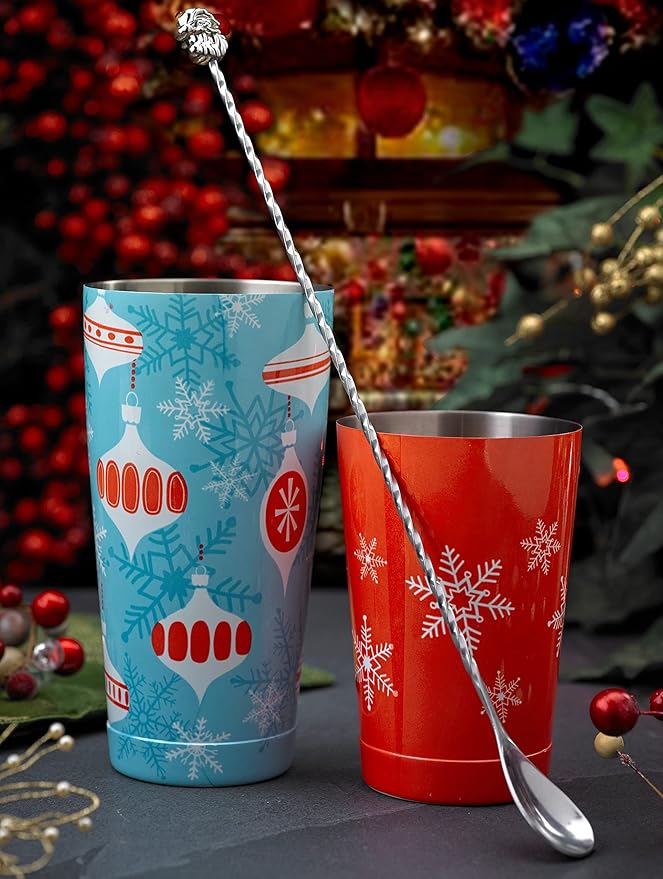 Barfly Holiday Ornaments Cocktail Shaker Set with Santa Spoon