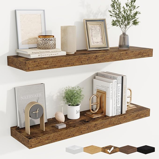 fuqing Floating Shelves for Wall, Wall Mounted Wood Floating Shelf with Invisible Brackets for Living Room, Bathroom, Bedroom, Kitchen Storage and Decor, 30 Inch Set of 2, Rustic Brown