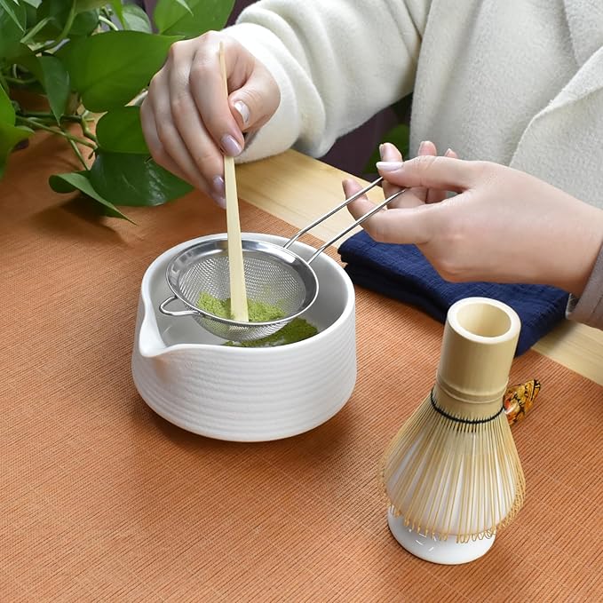 Artcome Matcha Tool Set - Complete Kit with Matcha Bowl with Spout, Bamboo Whisk, Tea Scoop, Whisk Holder, Scoop Holder, Tea Cloth & Powder Strainer, Porcelain White