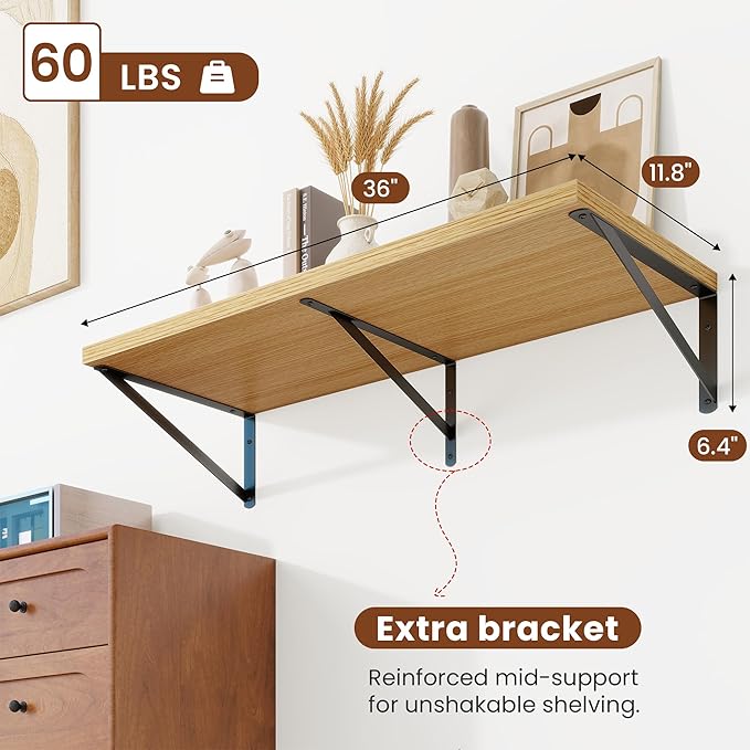 Deep Wall Shelves 36"W x 12"D Engineered Wood Floating Shelves for Wall, Sturdy Metal Bracket Bookshelves Home Decor Storage for Living Room Bedroom Bathroom Kitchen, Set of 2, Oak Finish