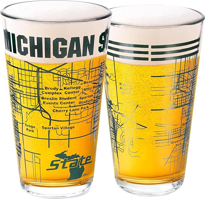 Greenline Goods – Michigan State University Spartans College Pint Beer Glasses (Set of 2), 16 oz – Full-Color Logo + Campus Map
