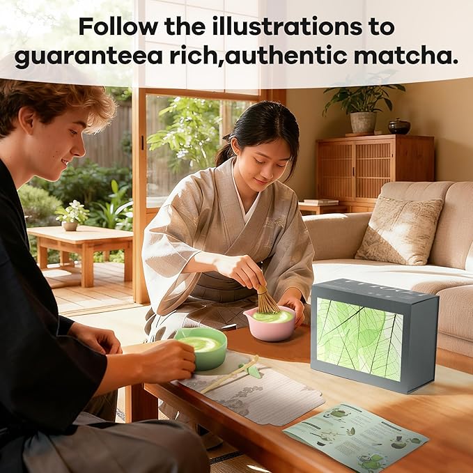 Traditional Matcha Tea Set, 8-Piece Complete Matcha Kit Set with Chawan Ceramic Bowl with Spout, Bamboo Whisk and Holder, Scoop, Sifter, Tea Towel Cloth and Mat - Ceremonial Matcha Bowl Set