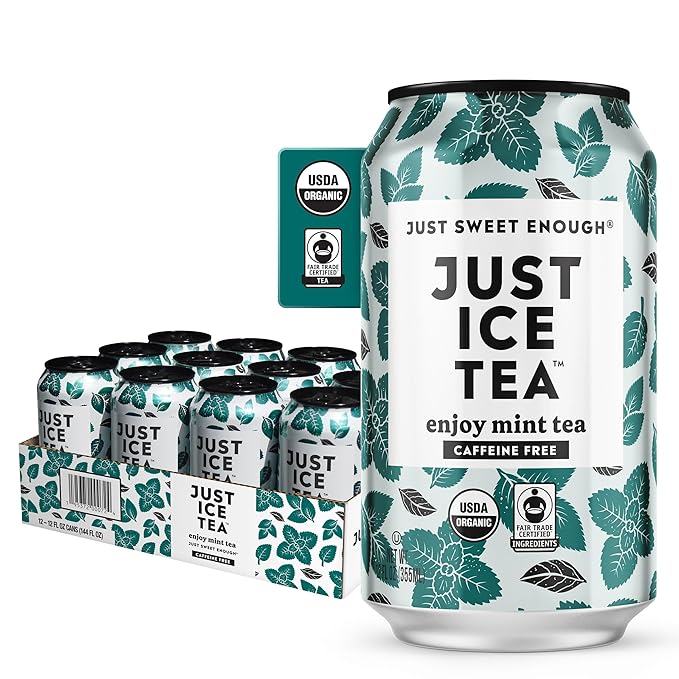 Just Ice Tea, Enjoy Mint Iced Tea, 12-Pack (12oz Cans), Caffeine Free Herbal Tea, USDA Certified Organic, Real Brewed, Low Calorie, No Artificial Sweeteners, Fair Trade, Made in USA.