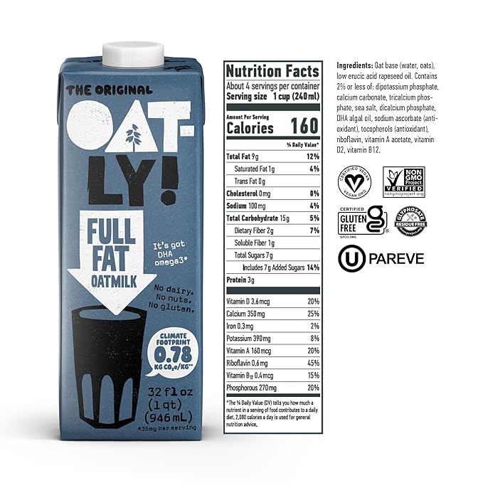Oatly Full Fat Oatmilk – Creamy, Plant-Based Whole Milk Alternative | Dairy-Free, Vegan, Shelf-Stable, Non-GMO & Glyphosate Residue-Free | Only 1g Saturated Fat (32 oz, 12-Pack)