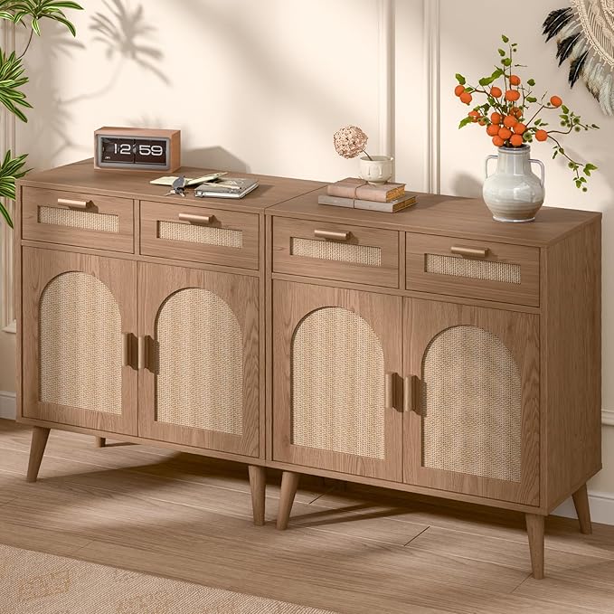 Vabches Kitchen Storage Cabinet with Barn Door, Rattan Sideboard Buffet with Storage Drawers, Rattan Kitchen Cabinet with Drawers for Dining Room, Living Room, EntryWay