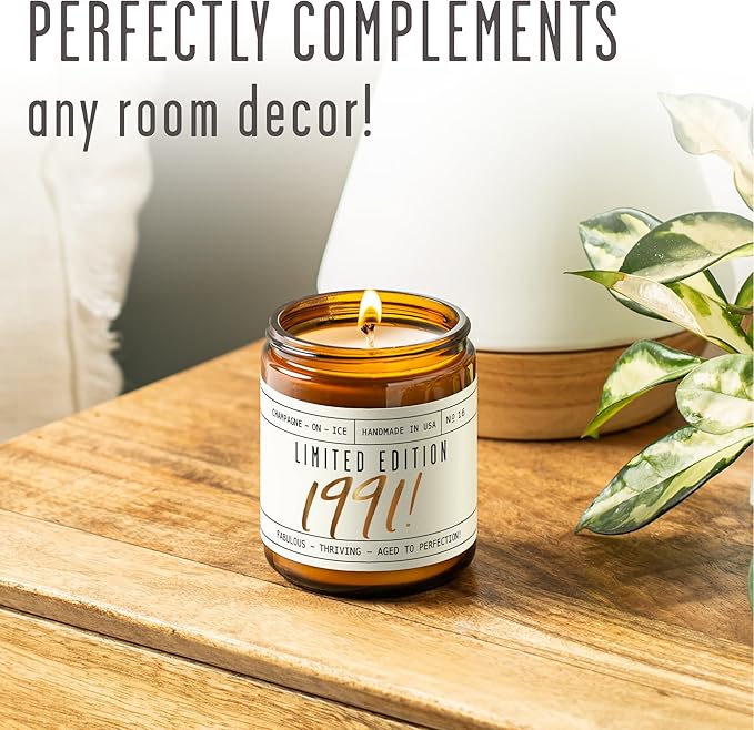 34th Birthday Gifts for Women - 'Limited Edition 1991' Soy Candle, w/Champagne on Ice I 34 Birthday Gifts for Women I 34th Gift for Her Ideas I 9oz Reusable Jar, 50Hr Burn, Made in USA