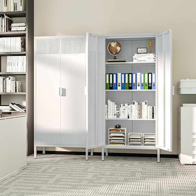 Metal Storage Cabinet with 2 Doors and 3 Adjustable Shelve,61" White Kitchen Pantry Storage,Office Steel Cabinets Locker for Kitchen,Living Room,Dining Room,Home,Office
