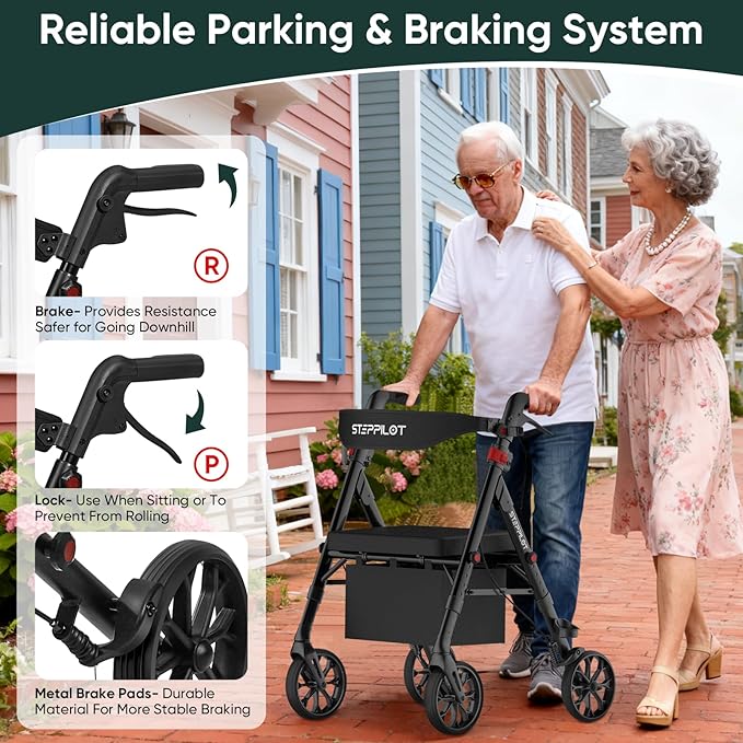 Foldable Aluminum Rollator Walkers with Cushion Seat for Senior, 16lbs Lightweight & 500 lbs Max Load, Adjustable 5-Level Seat Height & 6-Level Handles Height,8" Big Wheels,Dual Braking, Storage Bag