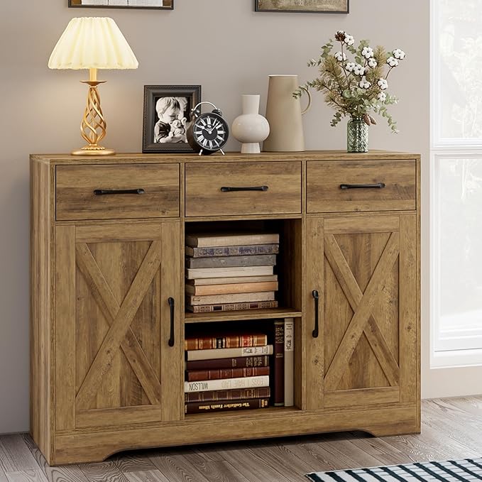 HOSTACK Wood Modern Farmhouse Buffet Storage Cabinet Barn Doors Sideboard with Storage, Drawers and Shelves for Coffee Bar, Kitchen, Dining Room, Living Room, Rustic Brown
