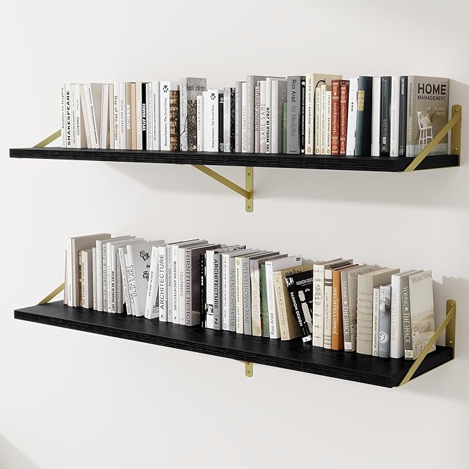 Deep Wall Shelves 55"W x 12"D Engineered Wood Floating Shelves for Wall, Sturdy Metal Bracket(Gold) Bookshelves Home Decor Storage for Living Room Bedroom Bathroom Kitchen, Set of 2, Black Finish