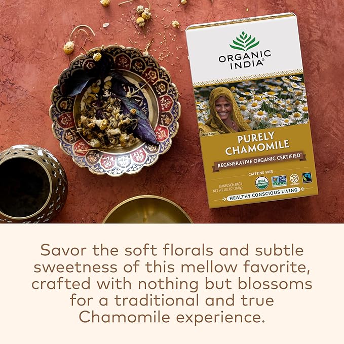 Organic India Purely Chamomile Tea - Regenerative Organic Pure Chamomile Flowers, Caffeine Free, Calming & Relaxing Herbal Tea, Natural Support for Sleep & Relaxation - 18 Tea Bags, Pack of 6