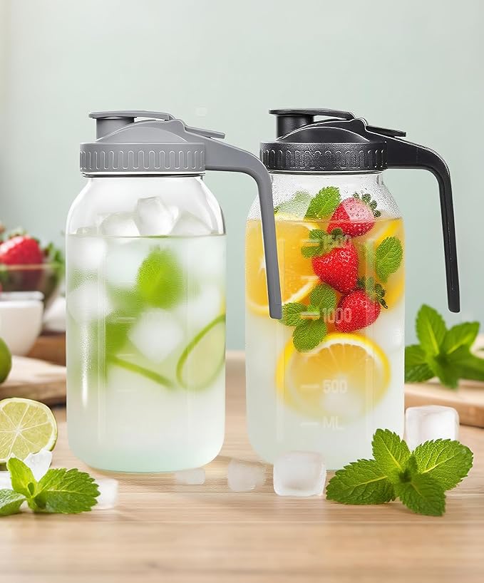 64oz Airtight Glass Pitcher with Lid,2 Quart Wide Mouth Mason Jar Pitchers for Fridge,Leak-proof Iced Tea Dispenser,Large Container for Sun Tea,Juice,Cold Brew Coffee, Storage and Drinks (Black+Gray)