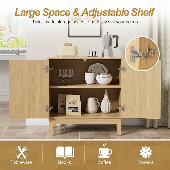 Scurrty Modern Buffet Cabinet with Storage,Wood Color Buffet with Adjustable Shelf and 2 Doors, Natural Wood Grain Accent Cabinet for Living Room & Kitchen