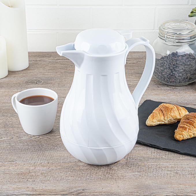 Restaurantware-Restpresso 42 Ounce Coffee Carafe, 1 Insulated Coffee Server - Push-Button Top, Swirl Design, White Plastic Pitcher, Built-In Handle, With Identification Tags