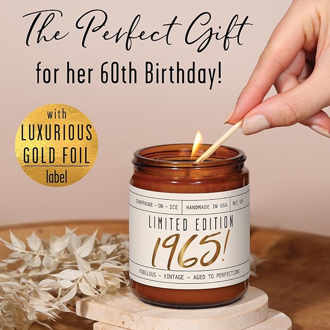60th Birthday Gifts for Women Ideas - 'Limited Edition 1965' Soy Candle, w/Champagne on Ice I 1965 60 Birthday Gifts for Women Ideas I 9oz Reusable Jar, 50Hr Burn, Made in USA