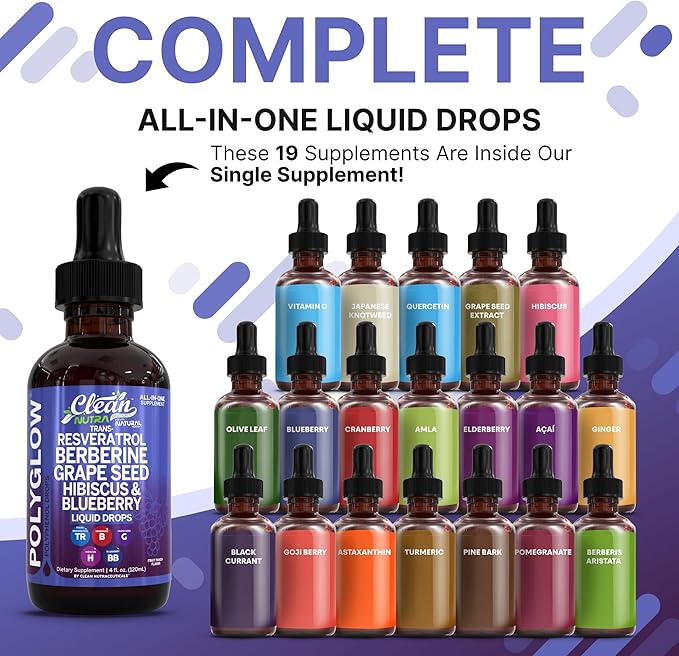 Clean Nutra Resveratrol Liquid Drops with Berberine, Grape Seed Extract, Hibiscus, and Blueberry – 120ml All-in-One Polyphenol Supplement – Natural Fruit Punch Flavor, Vegan Friendly