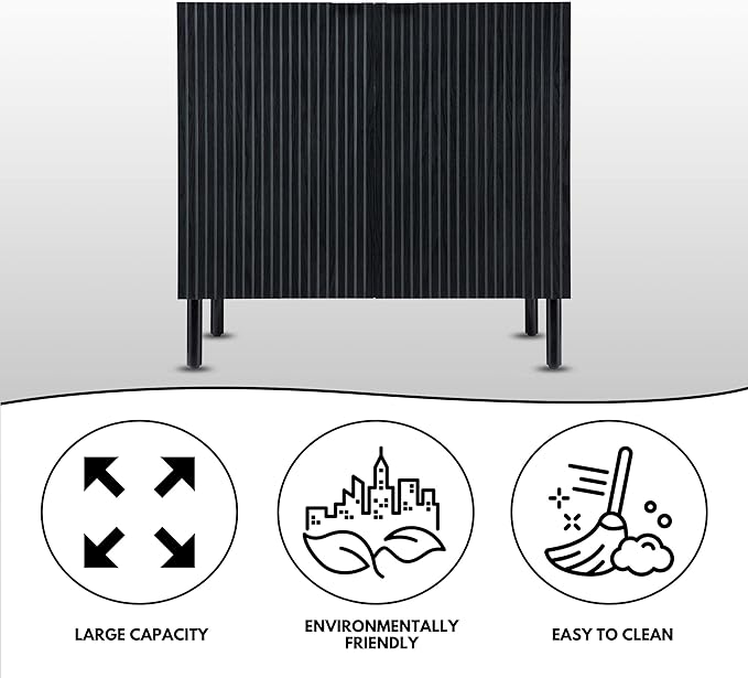 SANGO Merk 2-Door Cabinet, Modern Black Storage Cabinet with Vertical Groove Doors, Adjustable Shelf, Cylindrical Wood Legs, Discreet Metal Finger Pulls, Stylish Furniture for Living or Dining Room