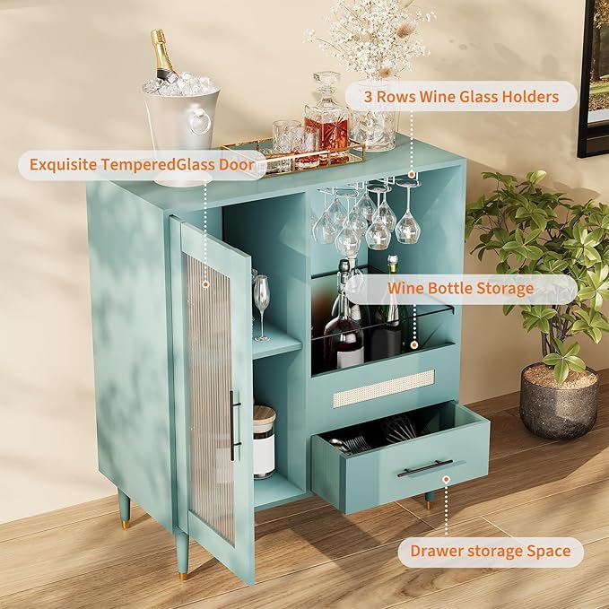 Garvee Wine Bar Cabinet with Tempered Glass Door & Rack, 30.7" Freestanding Modern Buffet Sideboard for Dining Room, Kitchen Coffee Bar & Liquor Storage Cabinet with Drawers and Glass Holder