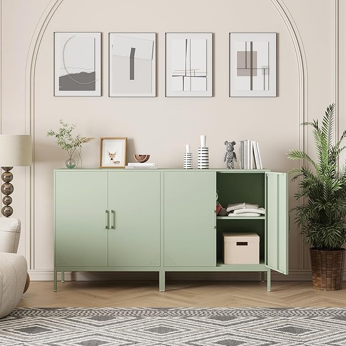 Metal Storage Cabinet with Adjustable Shelves, Steel Buffet Sideboard for Entryway, Living Room, Dining Room, Kitchen, Office, Bar (Green, 31.5" D x 15.75" W x 35.43" H)