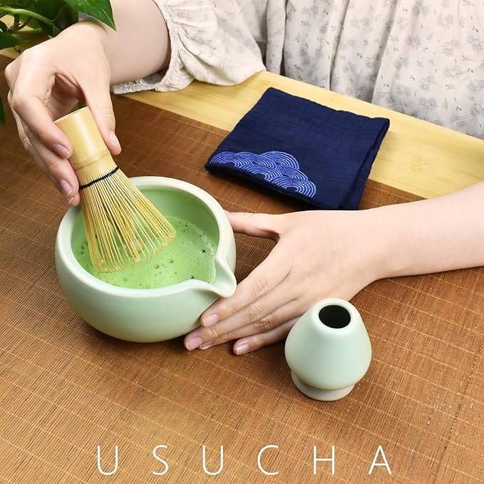 Artcome 7 Pcs Complete Matcha Ceremony Kit for Tea Ceremony, Bowl with Pouring Spout, Whisk, Tea Scoop, Matcha Powder Strainer, Matcha Tea Set For Making Usucha, Koicha and Matcha Latte (Green)