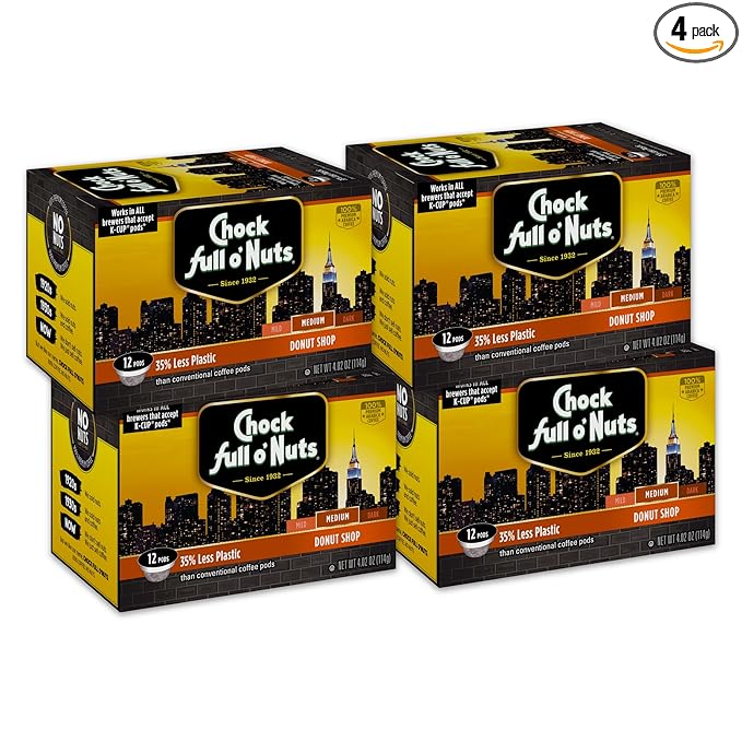 Chock Full o’Nuts Donut Shop, Medium Roast K-Cups – Compatible with Keurig Pods K-Cup Brewers (4 Packs of 12 Single-Serve Cups)