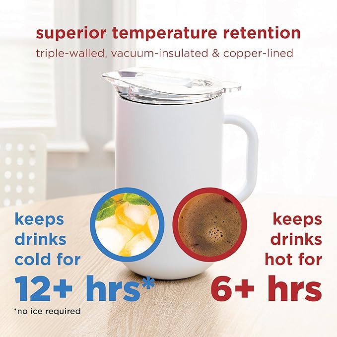 Served Premium Insulated Pitcher (2L/66oz) - Double Walled, Copper Lined Stainless Steel Pitcher with Lid - Vacuum Insulated Carafe for Hot Coffee, Tea, Iced Drinks, Water, Cocktails, and More