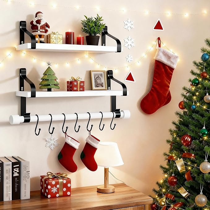 Love-KANKEI Floating Shelves for Coffee Bar,Bathroom Shelves with Wood Bar, Wall Shelves with 8 Hooks for Kitchen, 17.3 Inch Storage Shelves Set of 2 for Bedroom,Living Room，White