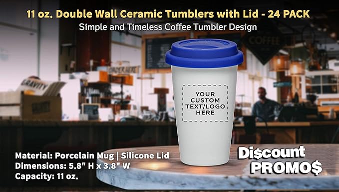 Personalized 11 oz. Double Wall Ceramic Tumblers with Lid - 24 Pack - Custom Text, Logo - Blue