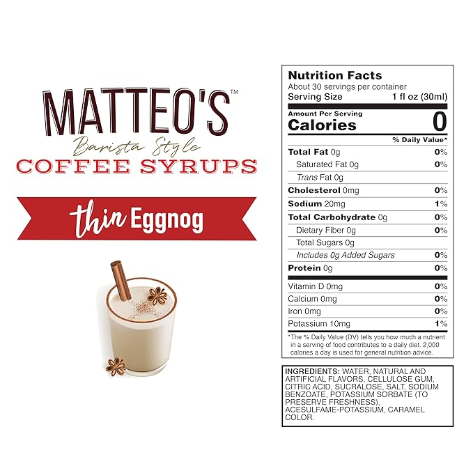 Matteo's Eggnog Syrup for Coffee, Lattes, Cappuccinos & Desserts – Sugar-Free Sweetener for Beverages, Keto Friendly, Zero Calories, Indulgent Flavor, Non-Alcoholic, Ideal for Hot Drinks 33.8oz (1pk)