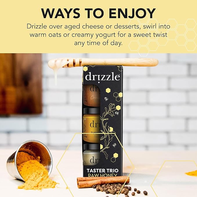 Drizzle Honey Taster Trio - All Natural Pure Raw Honey, Unfiltered, White, Cinnamon Spiced, & Turmeric Gold Mini Jars, Use in Tea & Coffee, Sugar Substitute, Certified Kosher - Pack of 6
