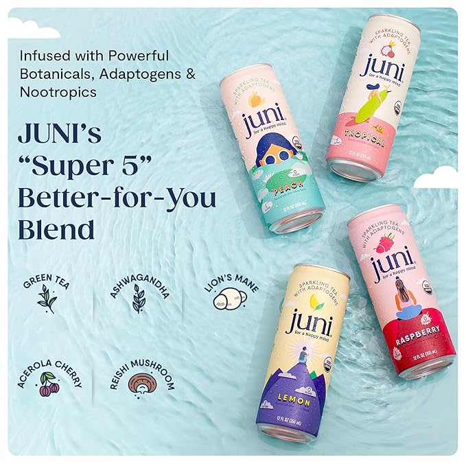 Juni Sparkling Adaptogen Drink with Ashwagandha, Lion’s Mane & Reishi Mushrooms | Green Tea for Focus, Zero Sugar, 5 Calories, Organic | Non Alcoholic Drinks - Raspberry 12 pack