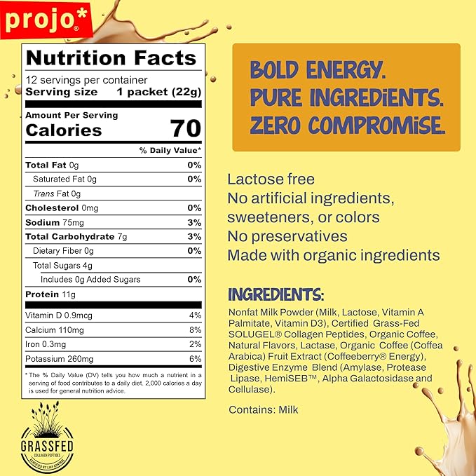 Projo* Power Coffee – Instant Coffee with 11g Protein – Grass-Fed Hydrolyzed Bovine Collagen & 175mg Caffeine – Caramel Latte Flavor – Organic – Energy Support – 12 Single-Serve Packets