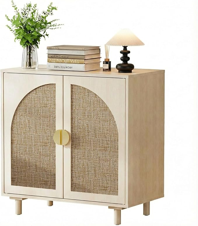 Small Buffet Cabinet with Storage, Credenza Cabinet with Rattan Decorated Doors, Magnetic Latch, Adjustable Shelf, 29.8x15.7x31.5 inches, Natural