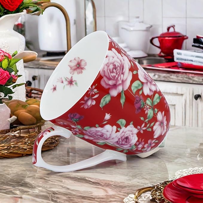 14oz Bone China Coffee Mugs for Women Floral Coffee Mug Tea Cups Novetly Coffee Cups Gift for Women Mom Friends (Bright red rose)