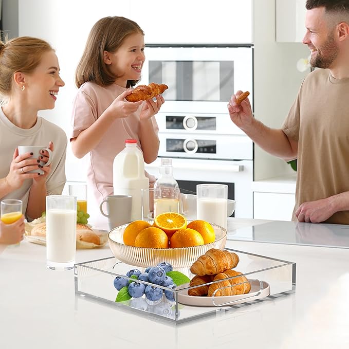 2 Pack Clear Serving Trays with Handle 11X11 -Lucite Acrylic Tray Set for Serving Food- 6mm Thick Small Stackable Bathroom Organizer-(11x11X2.4,10.2x10.2X2.4)